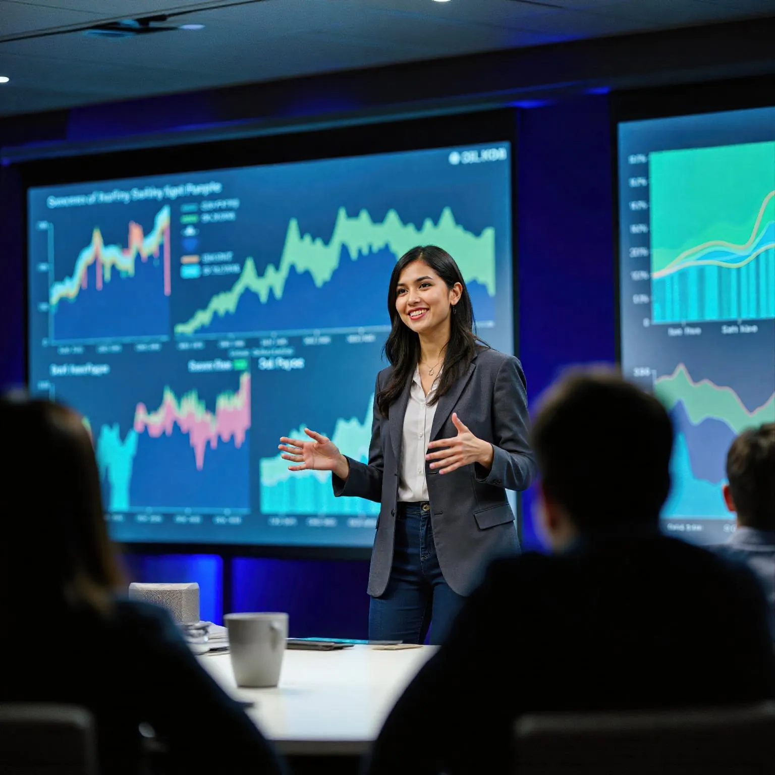 Una mujer presentando frente a gráficos de datos